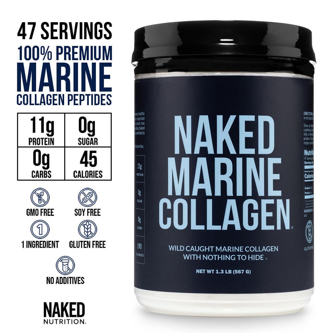 Détails de la poudre de collagène marin NAKED dans un verre avec une cuillère