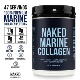 Détails de la poudre de collagène marin NAKED dans un verre avec une cuillère