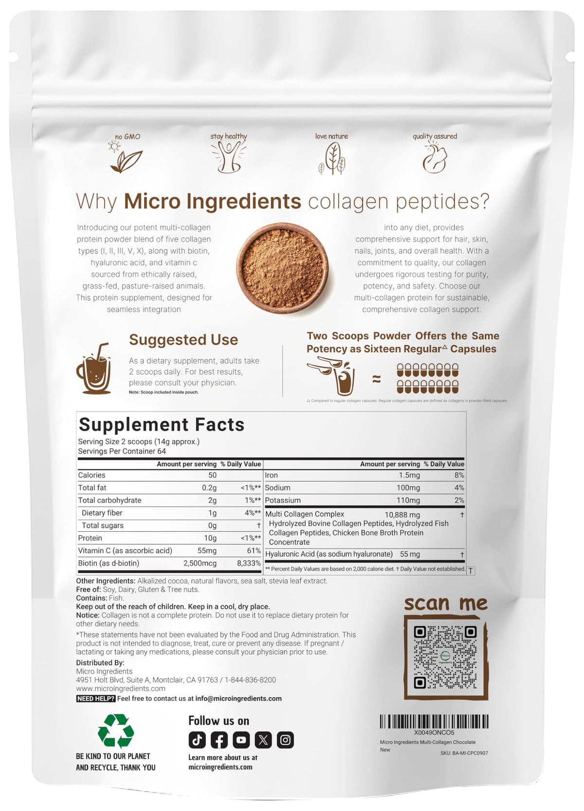 Détails de la Poudre de Collagène Multi Peptides Micro Ingredients au chocolat