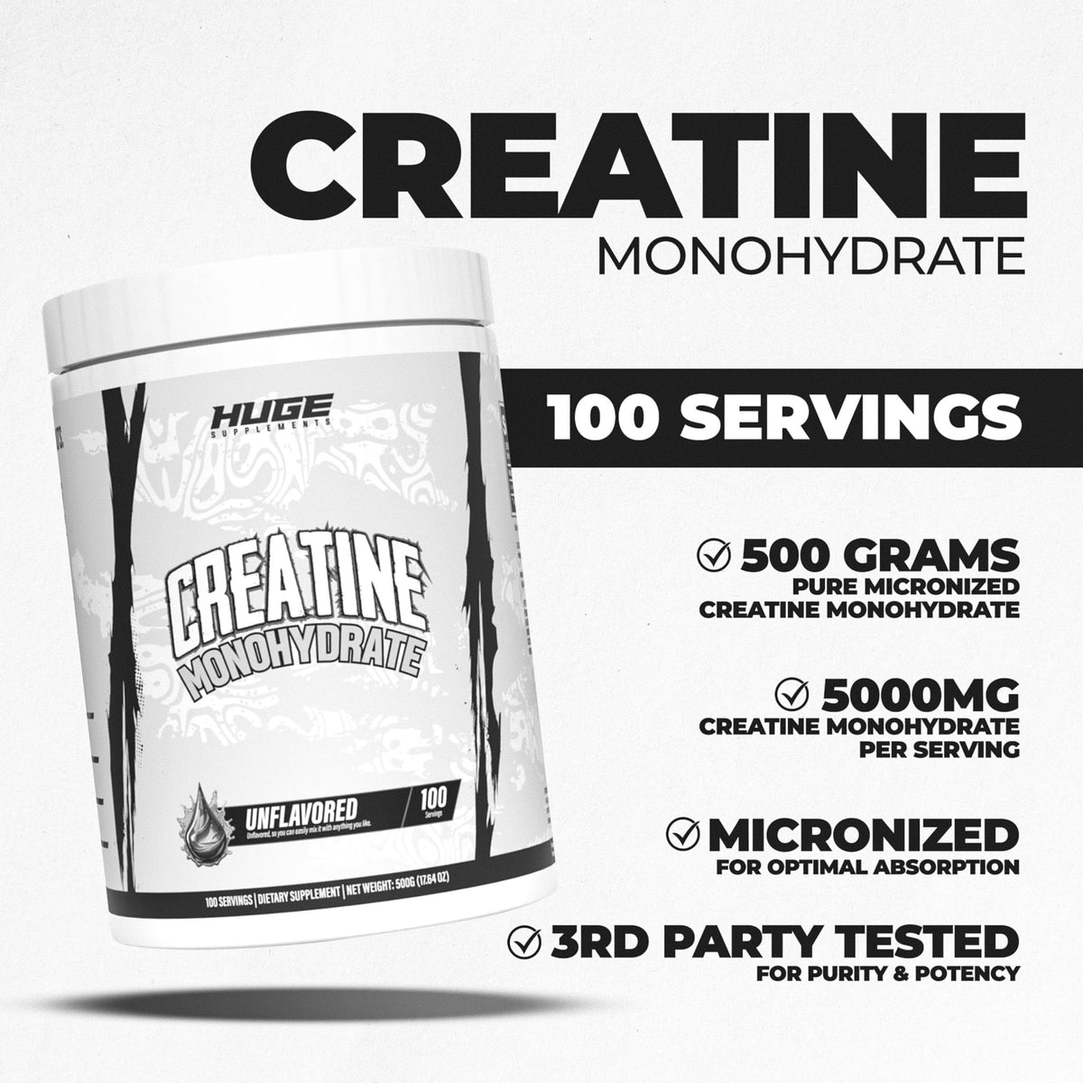 Détails de la poudre de créatine monohydrate Huge Supplements