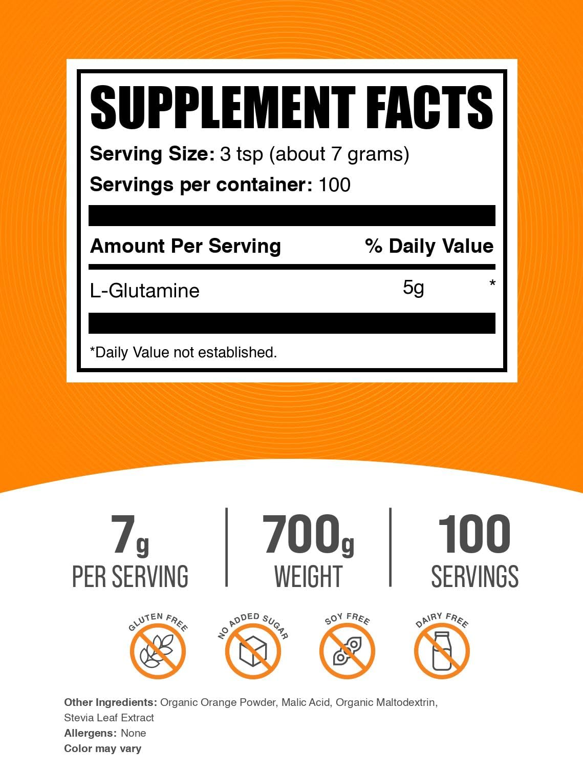 Détails de la poudre de L-Glutamine BulkSupplements Saveur Orange Smash