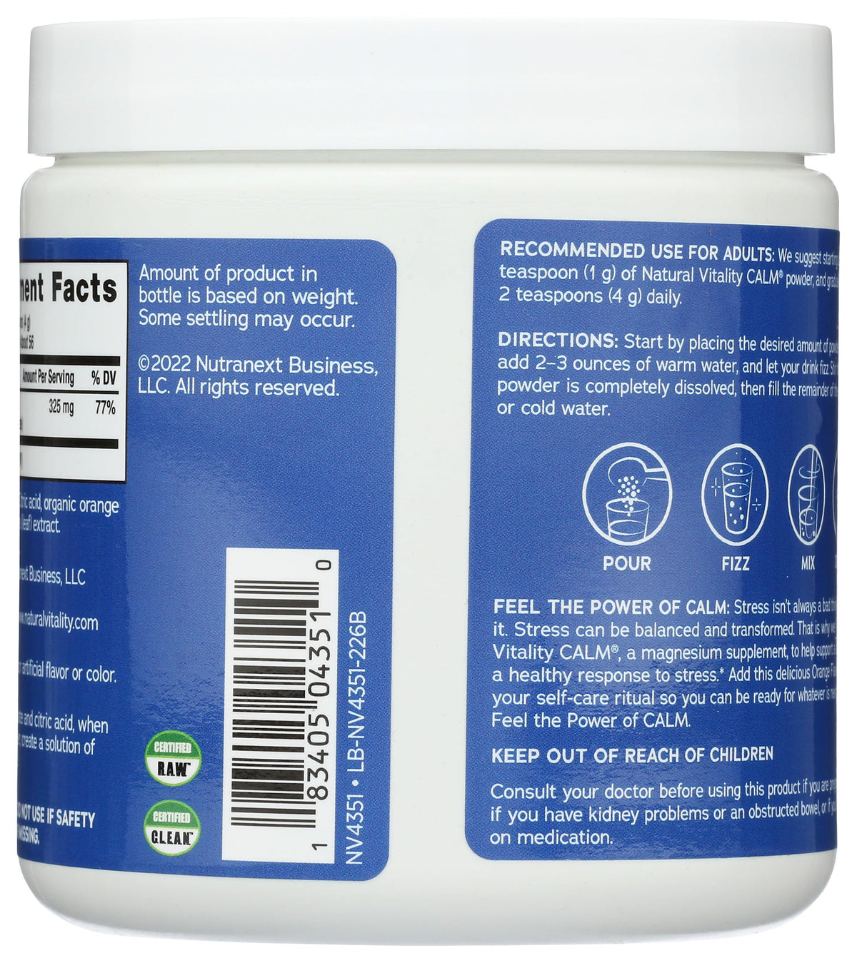 Détails de la poudre de magnésium CALM Natural Vitality avec cuillère