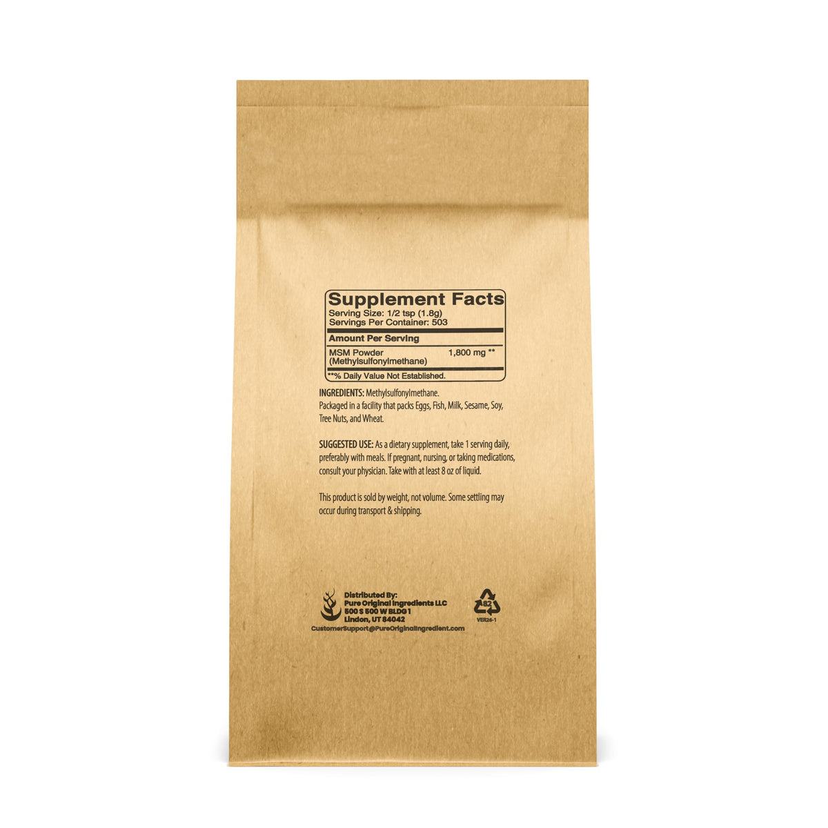 Détails de la poudre de MSM PURE ORIGINAL INGREDIENTS dans son emballage