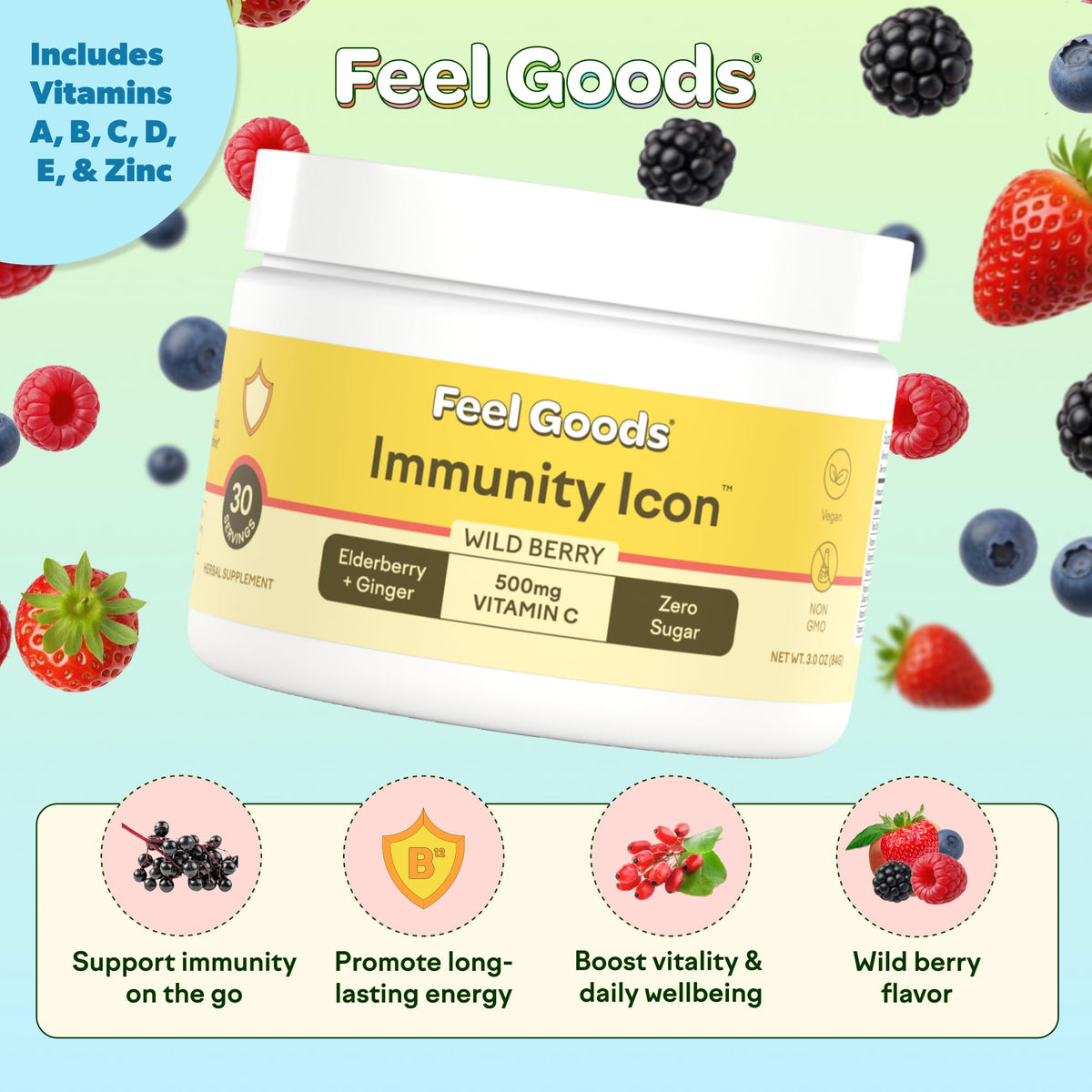 Détails de la poudre de soutien daily wellness Icon avec saveur Baie Sauvage