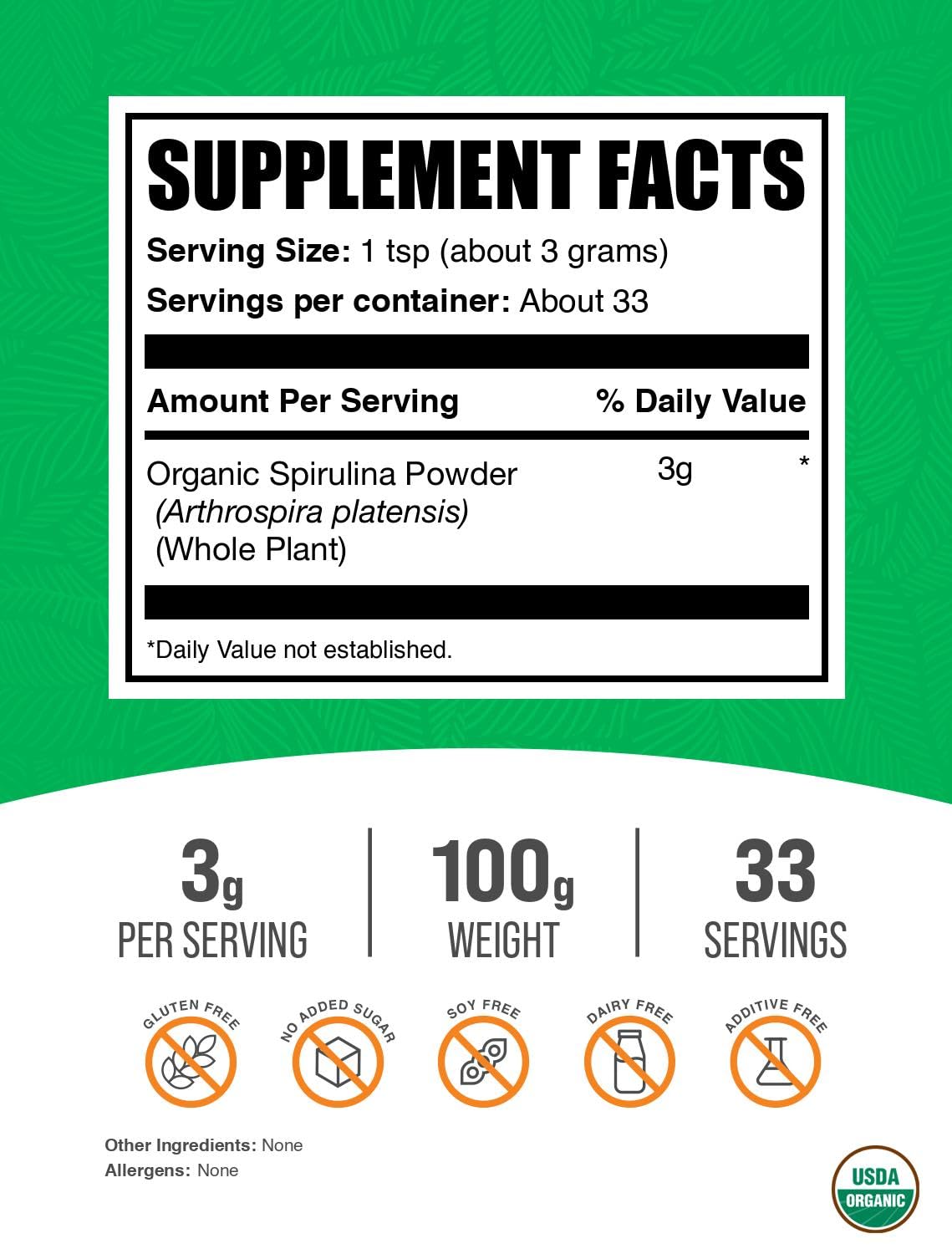 Détails de la Poudre de Spiruline Bio BulkSupplements
