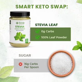 Détails de la poudre de Stévia bixa BOTANICAL sur une table