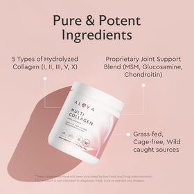 Détails de la poudre multi-collagène Alaya Naturals à côté d'un verre d'eau