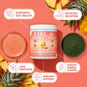 Détails de la poudre Super Greens Kiala Nutrition avec saveur d'ananas et de fraise