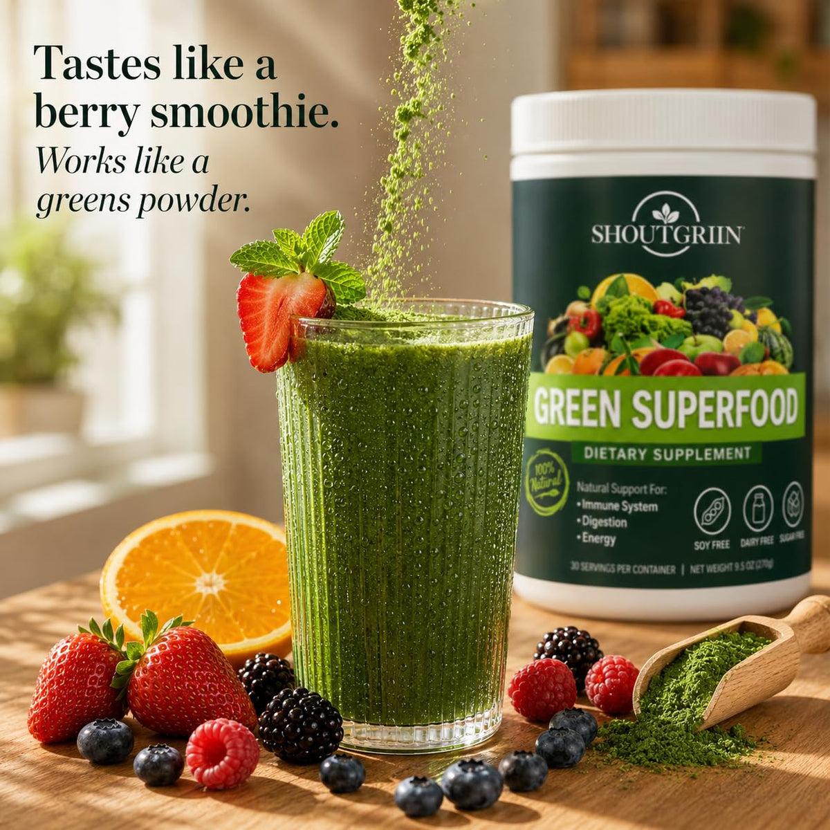 Détails de la Poudre Superaliment Vert SHOUTGRIIN avec cuillère