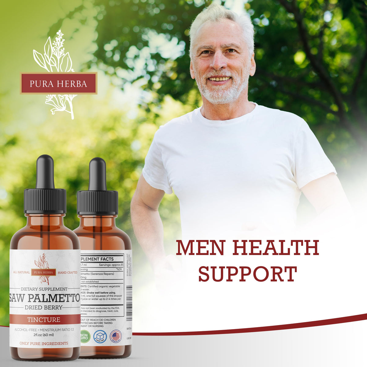 Détails de la teinture de Saw Palmetto Pura Herba avec compte-gouttes