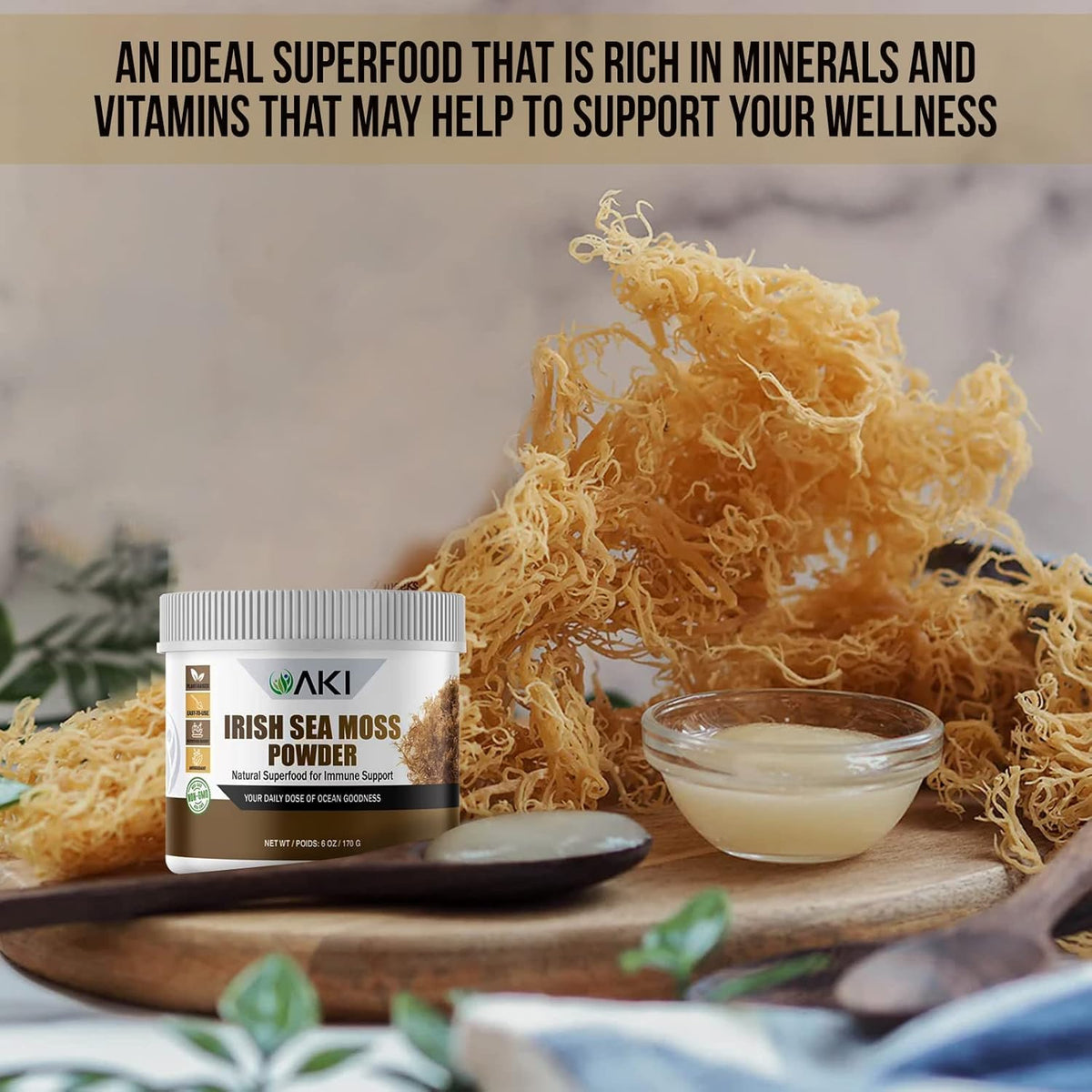 Détails de la texture de la poudre d'Irish Sea Moss AKI ORGANIC