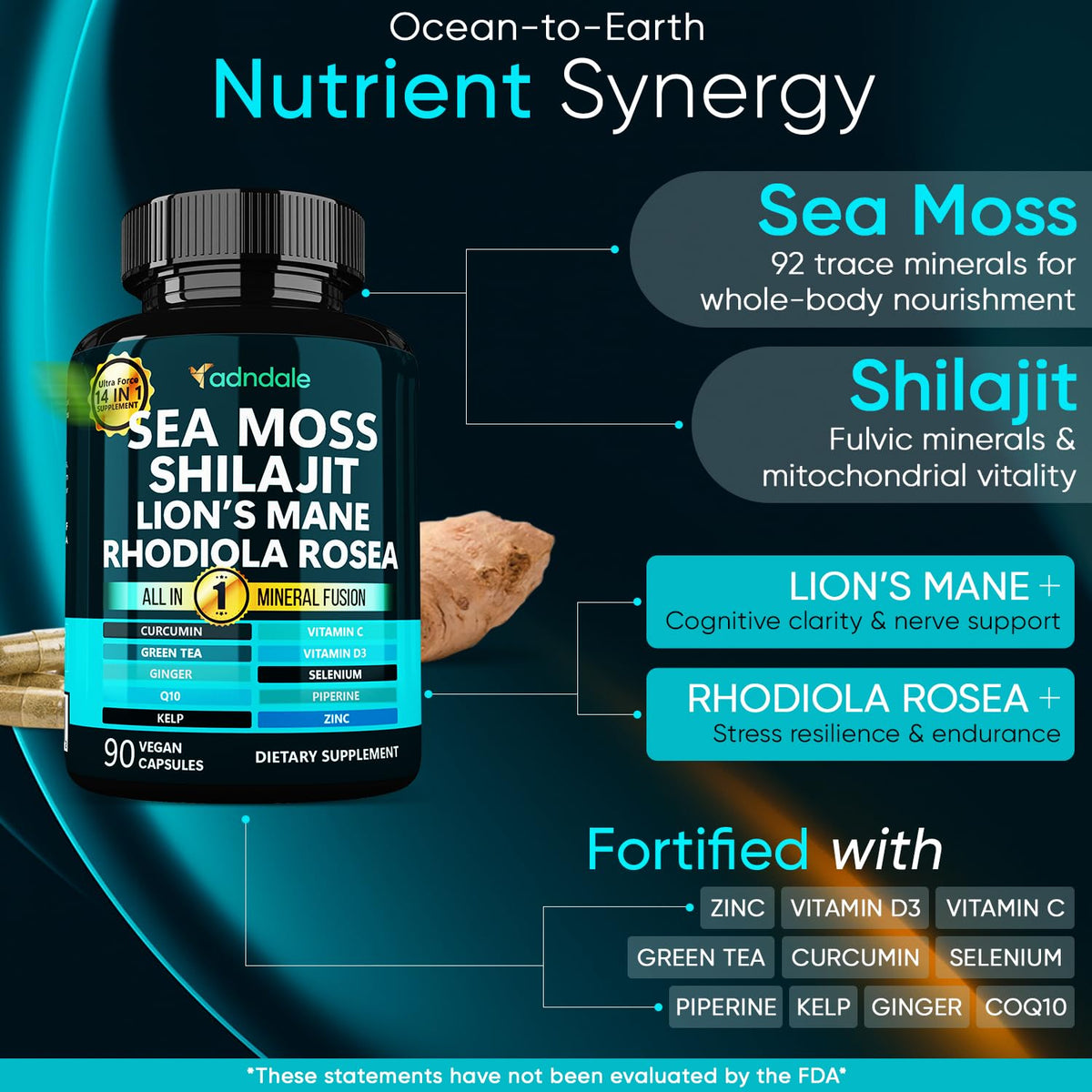 Détails des capsules Adndale SeaMoss Shilajit