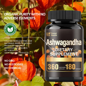 Détails des capsules Ashwagandha SoundHealth sur une surface en bois