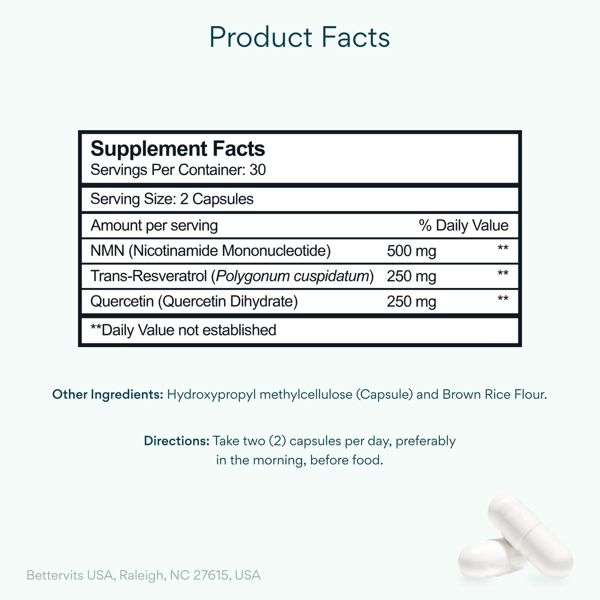 Détails des capsules Bettervits NMN 500mg, regard sur l'emballage