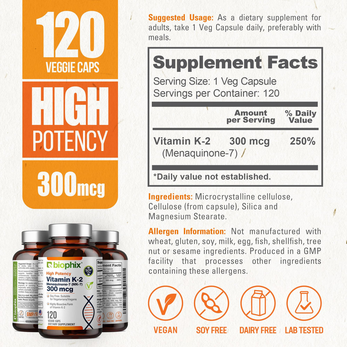 Détails des capsules biophix K2 MK-7 300mcg