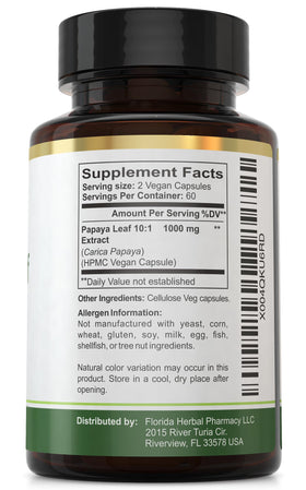 Détails des capsules d'extrait de feuille de papaye Florida Herbal Pharmacy