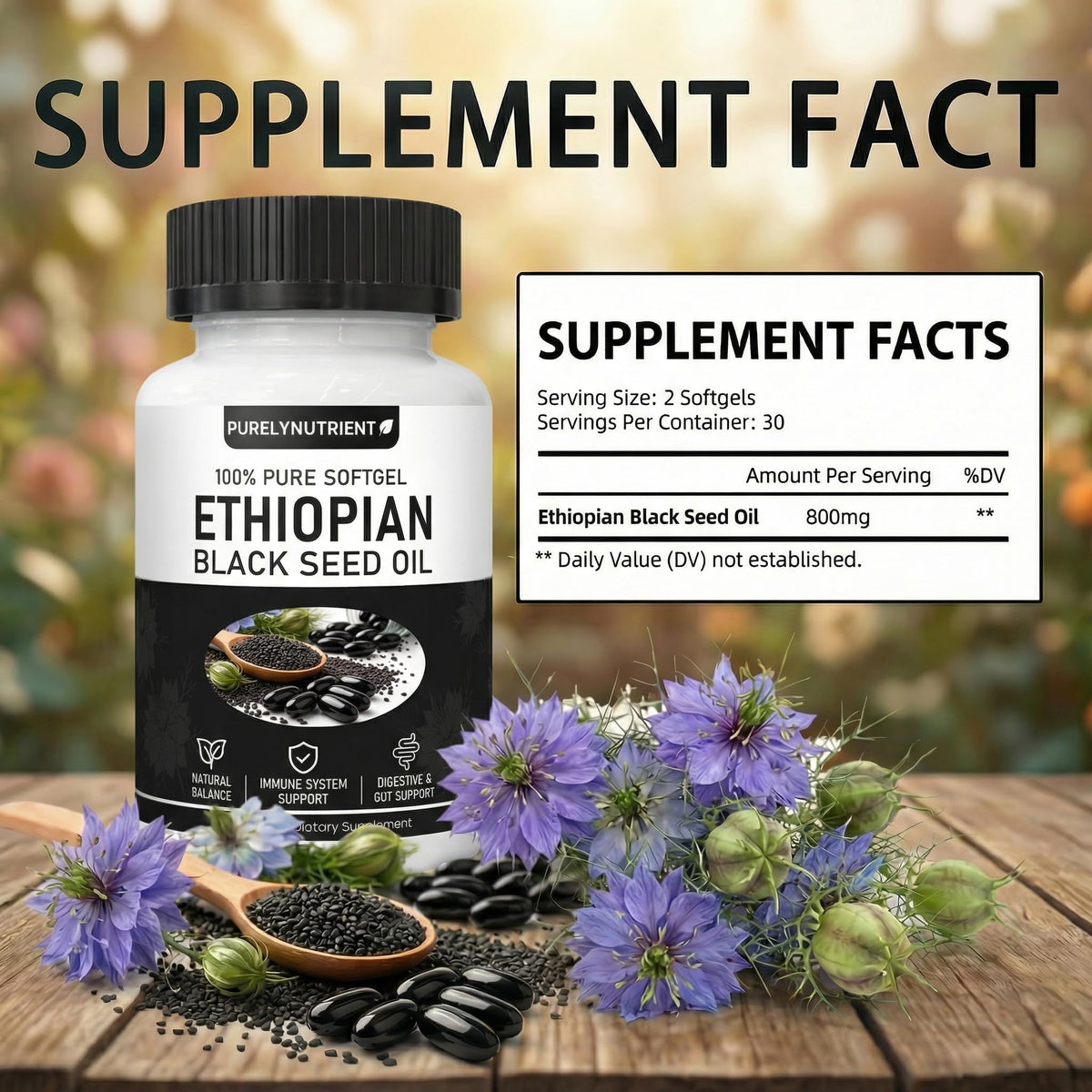 Détails des capsules d'huile de graine noire éthiopienne PURELYNUTRIENT