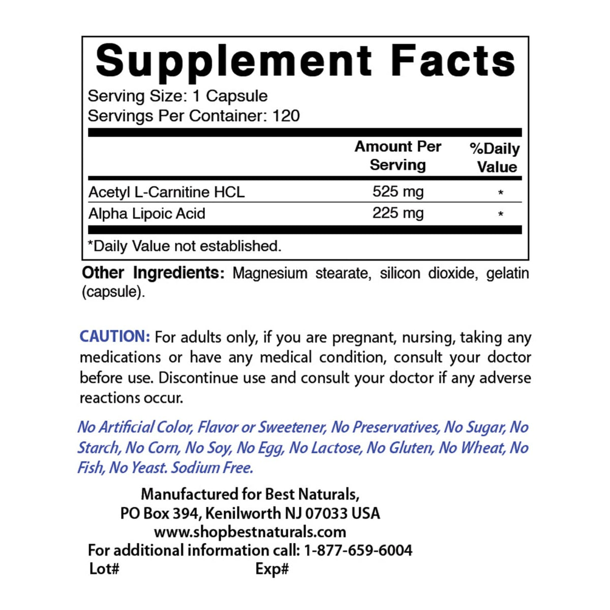 Détails des capsules de Best Naturals Acétyl L-Carnitine