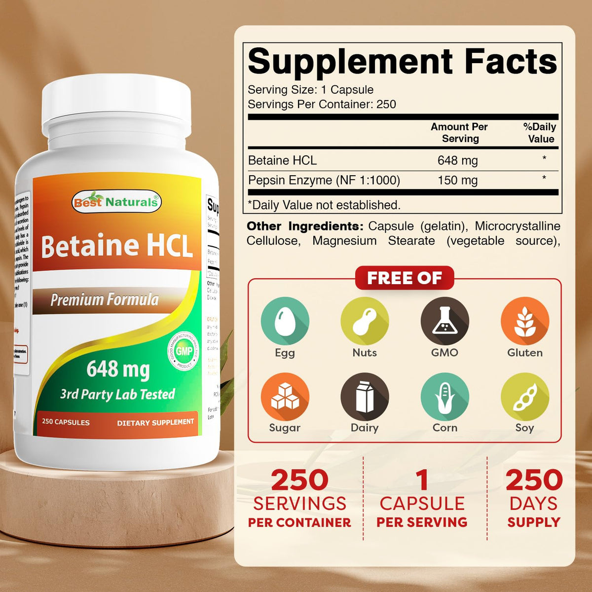 Détails des capsules de Betaïne HCL de Best Naturals