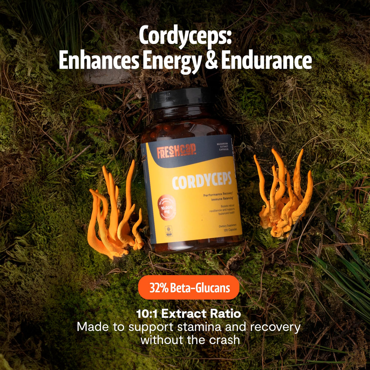 Détails des capsules de cordyceps FreshCap sur une surface en bois