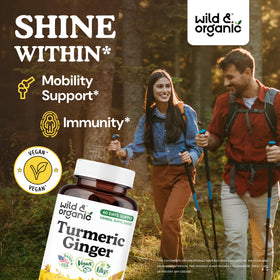 Détails des capsules de curcuma et gingembre Wild & Organic avec étiquette