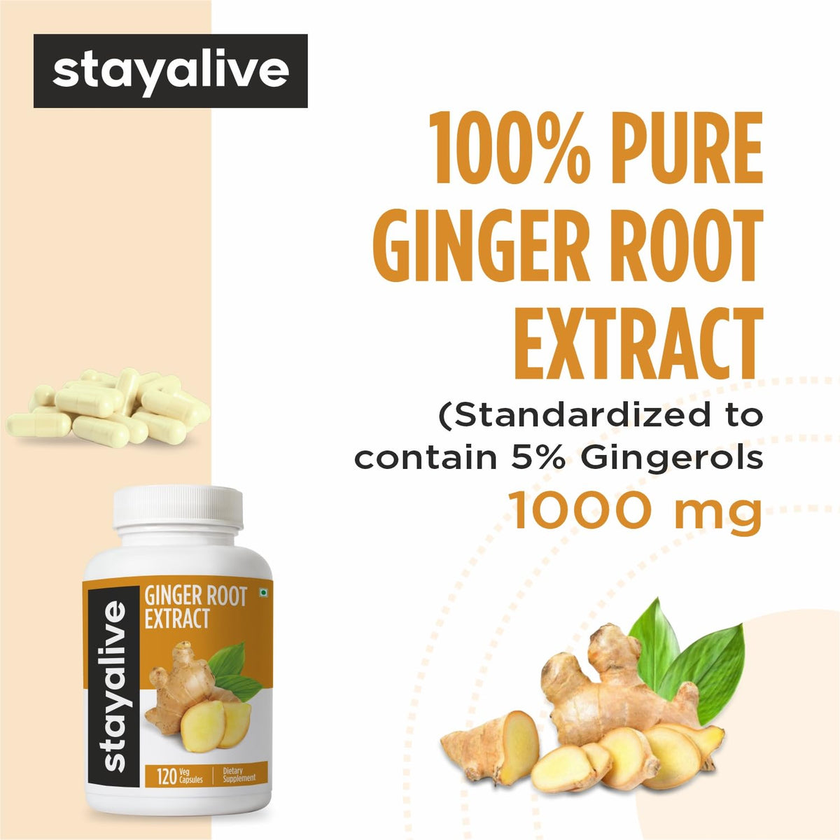 Détails des capsules de gingembre STAY ALIVE sur une main