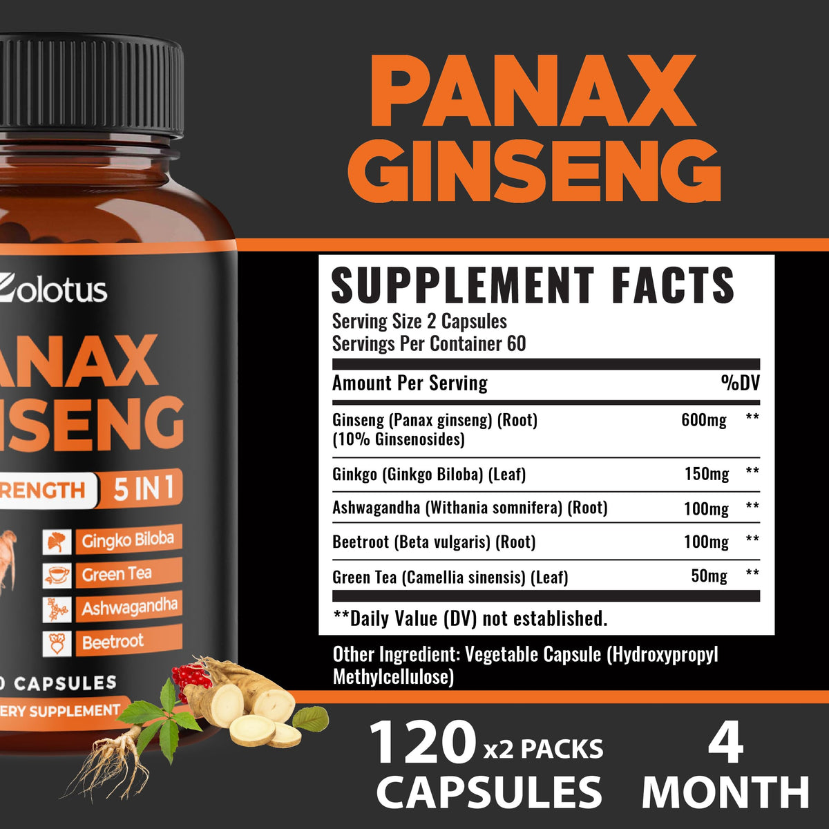 Détails des capsules de Ginseng Rouge Zolotus sur fond blanc