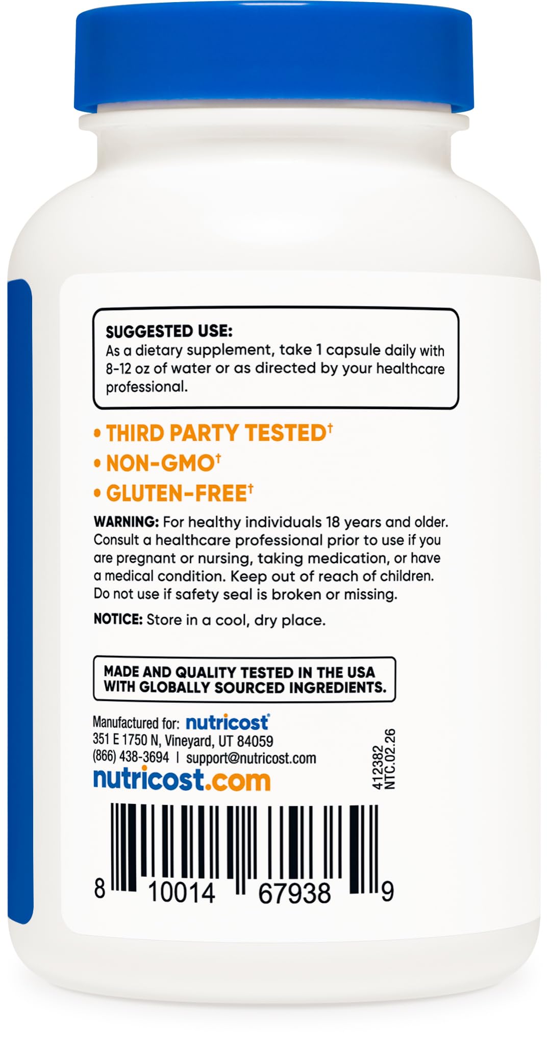 Détails des capsules de L-Tryptophan Nutricost 500mg