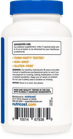Détails des capsules de L-Tryptophan Nutricost 500mg