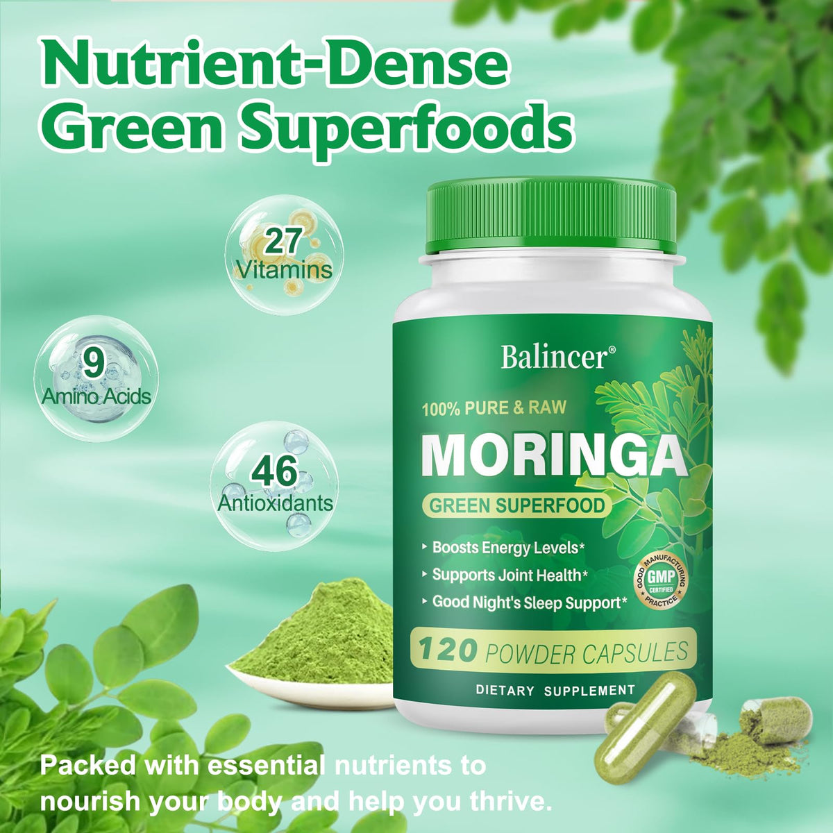 Détails des capsules de Moringa Balincer avec étiquette