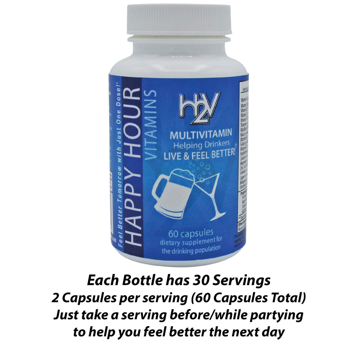 Détails des capsules de multivitamines Happy Hour sur un fond blanc