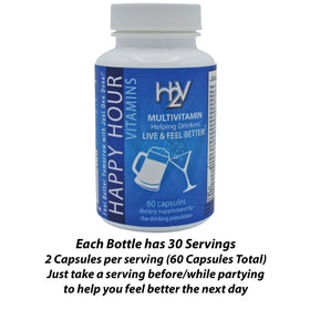 Détails des capsules de multivitamines Happy Hour sur un fond blanc