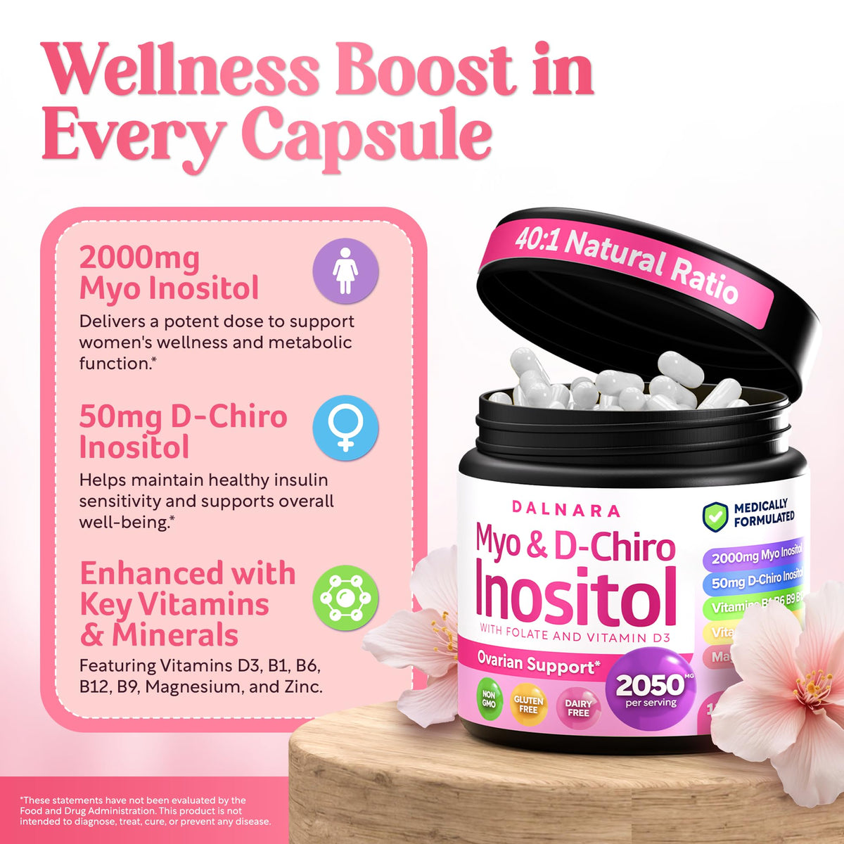 Détails des capsules de Myo-Inositol et D-Chiro Inositol Dalnara
