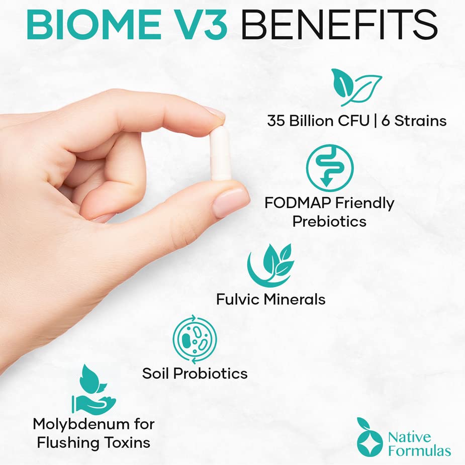 Détails des capsules de Native Formulas Biome V3 sur fond blanc