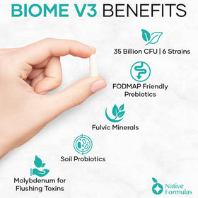 Détails des capsules de Native Formulas Biome V3 sur fond blanc