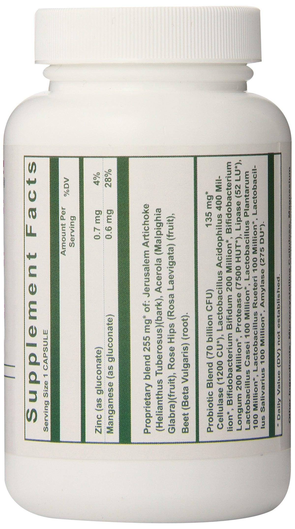 Détails des capsules de nutri-west Total Probiotics sur fond blanc