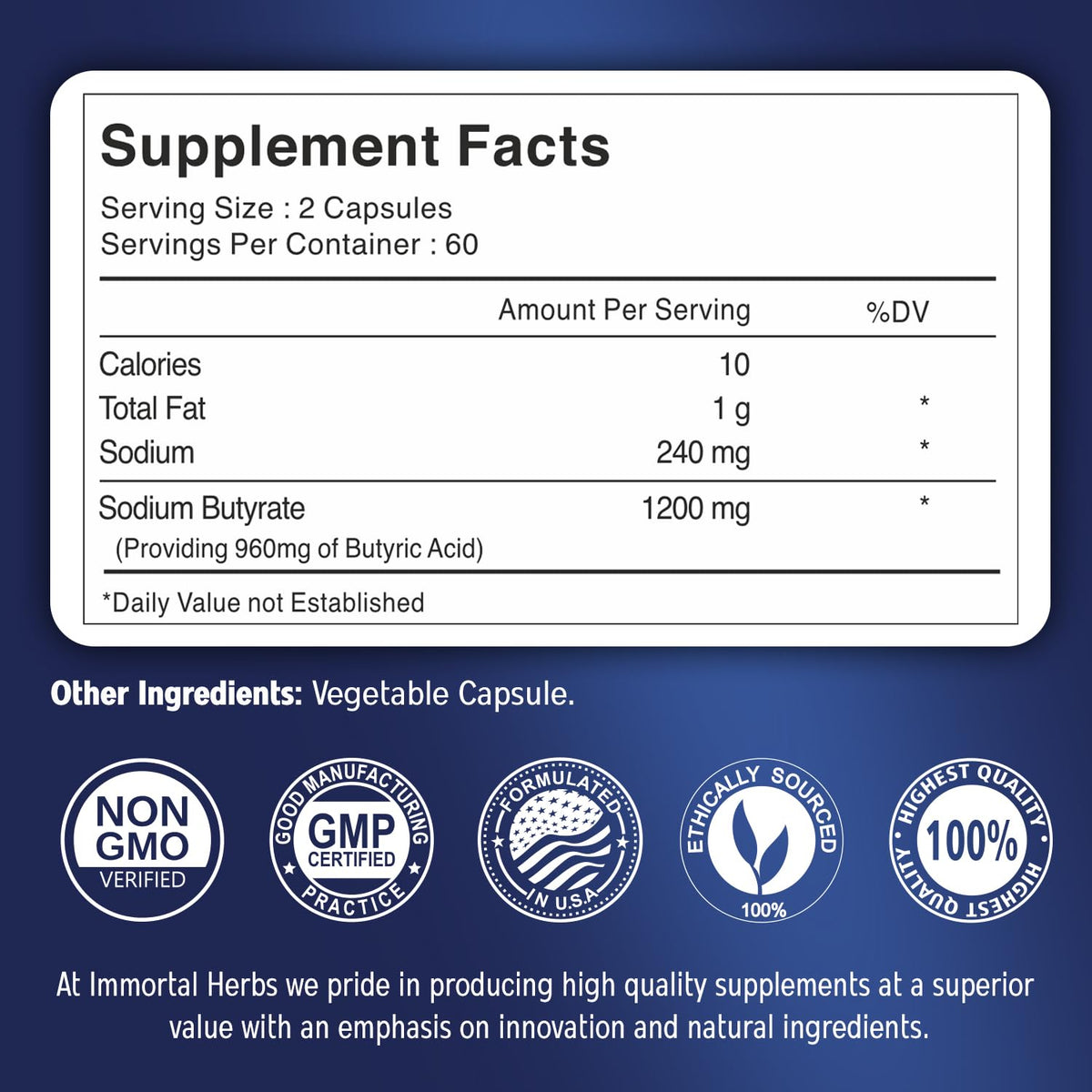 Détails des capsules de Sodium Butyrate 1200mg Immortal Herbs au format de 120 capsules
