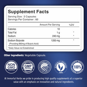 Détails des capsules de Sodium Butyrate 1200mg Immortal Herbs au format de 120 capsules