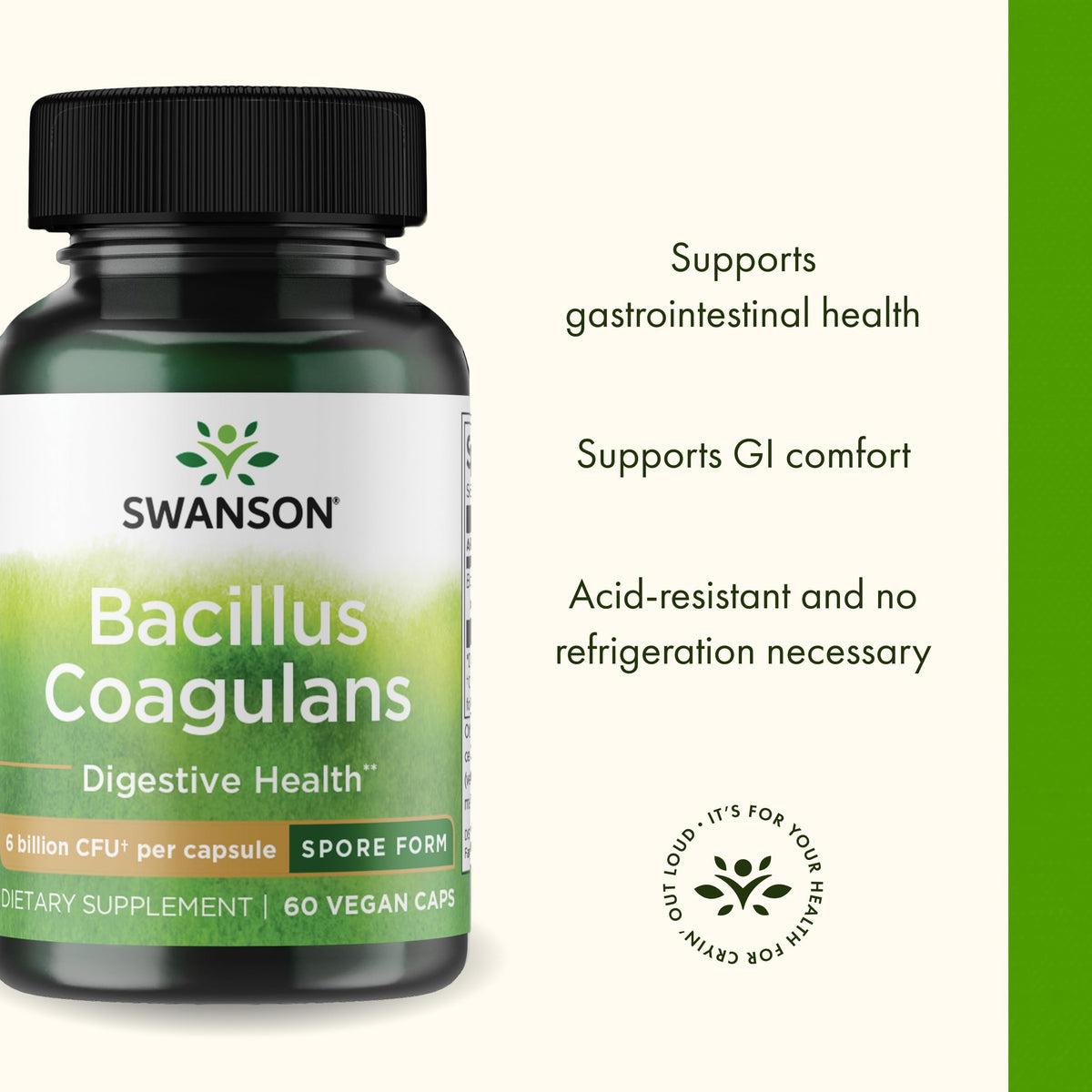 Détails des capsules de Swanson Probiotique Bacillus Coagulans, vue rapprochée