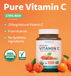 Détails des capsules de Vitamine C Bio PURE CO sur fond blanc