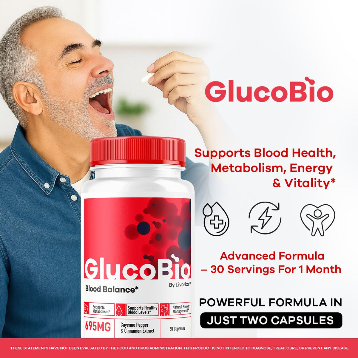 Détails des capsules GlucoBio LIVORKA montrant la taille et la forme