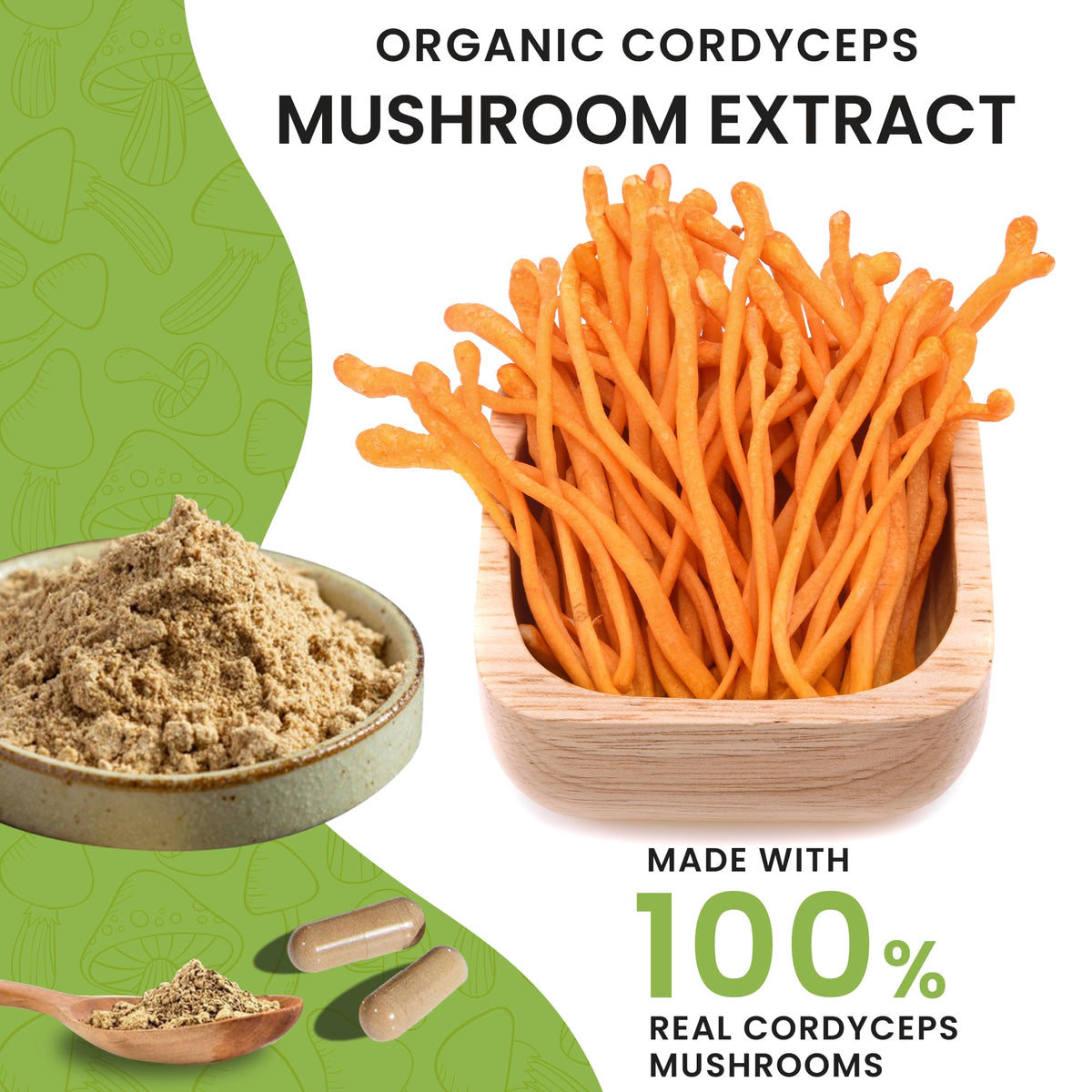 Détails des capsules Help Supplements Champignon Cordyceps 1000mg sur fond blanc