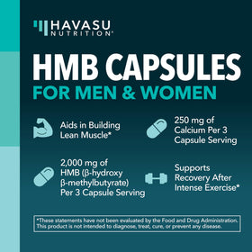 Détails des capsules HMB 2000mg de HAVASU NUTRITION avec étiquette
