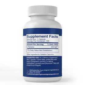 Détails des capsules L-Tyrosine PURE ORIGINAL INGREDIENTS sur l'emballage