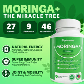 Détails des capsules Rosabella Moringa+ sur une surface blanche