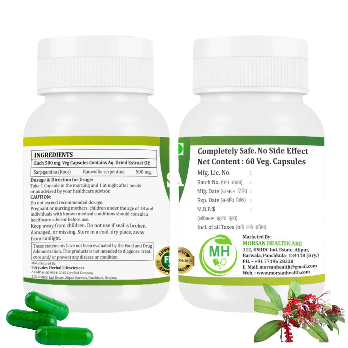 Détails des capsules Sarpgandha 500 mg en gros plan