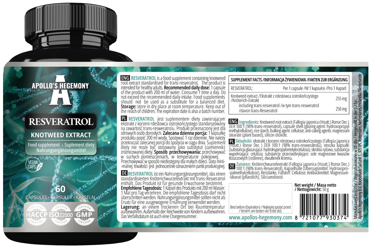 Détails des capsules végétales APOLLO'S HEGEMONY Resveratrol 400 mg