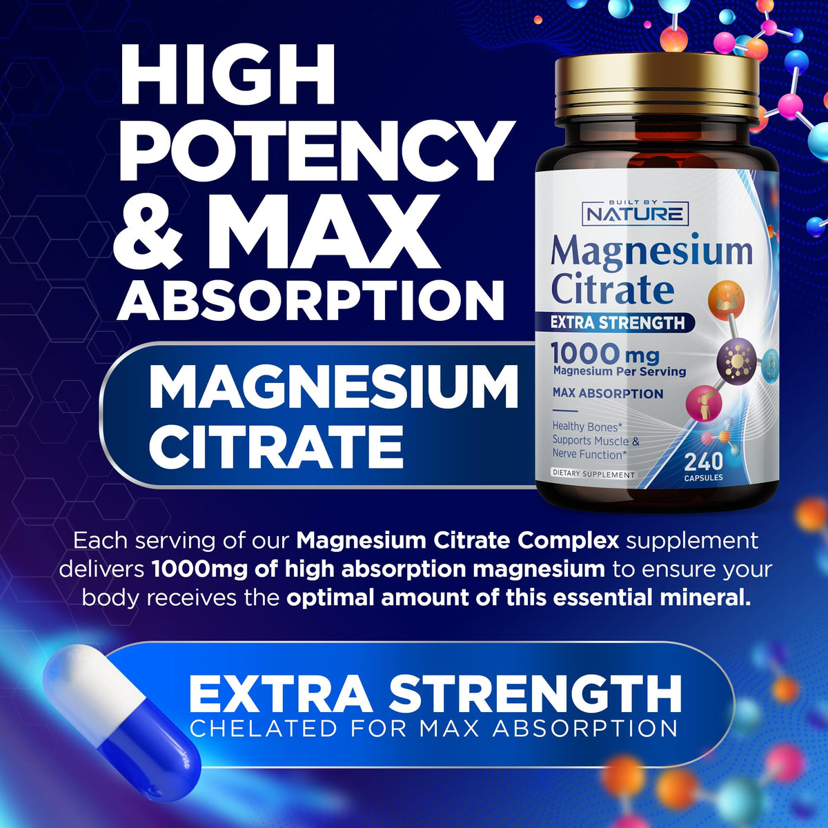 Détails des capsules végétales du Magnésium Citrate 1000mg - Built by Nature