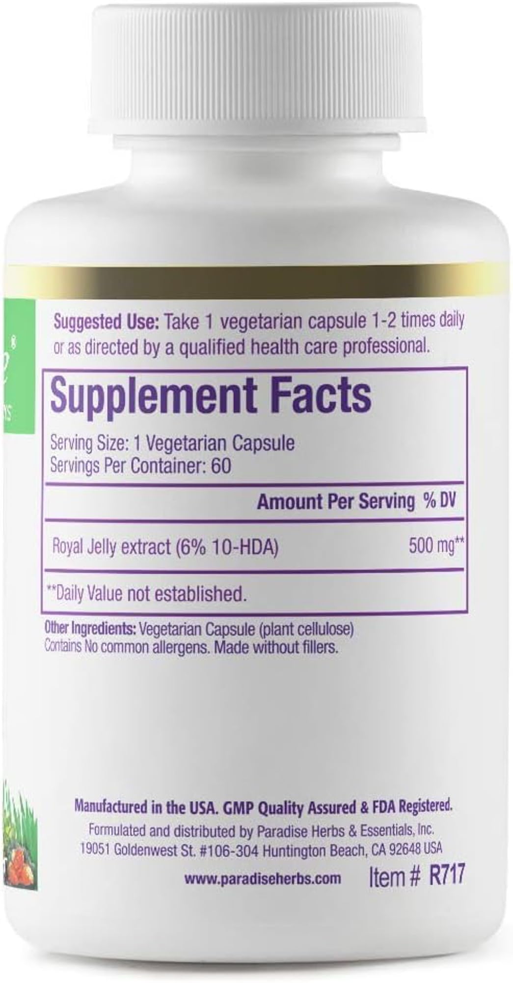 Détails des capsules végétariennes de Paradise Herbs Gelée Royale