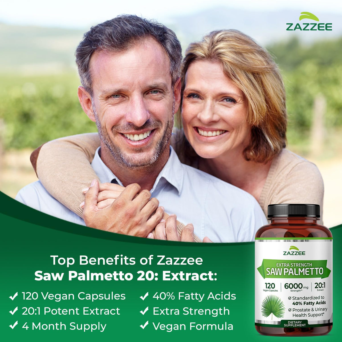 Détails des capsules Zazzee Extrait de Saw Palmetto